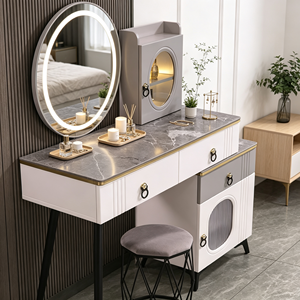 Modern Minimalist Makeup Vanity <b>With</b> Lighted Oval Mirror And Storage <b>Drawers</b> Bedroom <b>Dressing</b> <b>Table</b> <b>With</b> Stool - Product Image 5