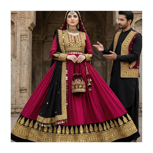 Ultra Long Traditional Afghan <b>White</b> <b>Chiffon</b> Kuchi Dress Featuring Black Velvet Bodice Intricate Gold Zari Hand Embroidery Casual - Product Image 1
