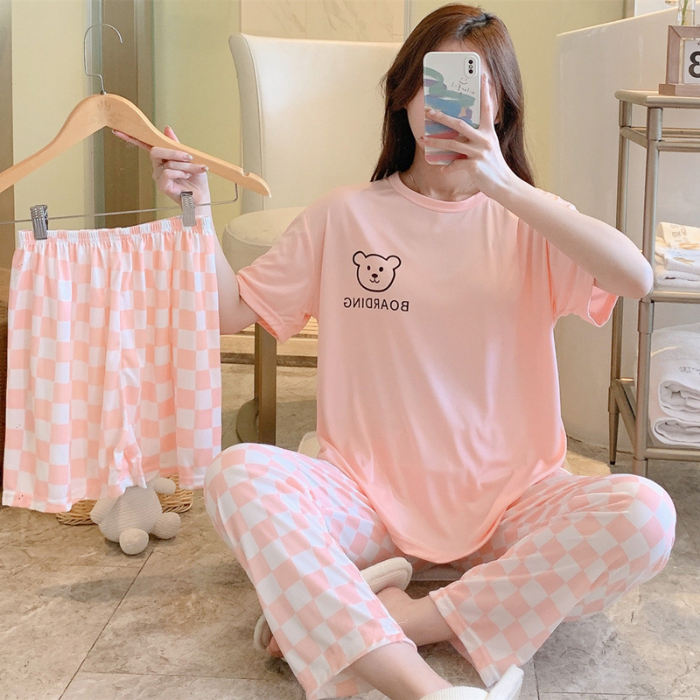 Hot summer pajamas female letter lattice suit short sleeve trousers casual female three-piece set Korean version of home clothes