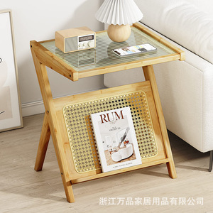 Bamboo Coffee <b>Table</b> With Storage Natural <b>Brown</b> Tempered Glass Top Bedroom Living Room Outdoor Use - Product Image 5