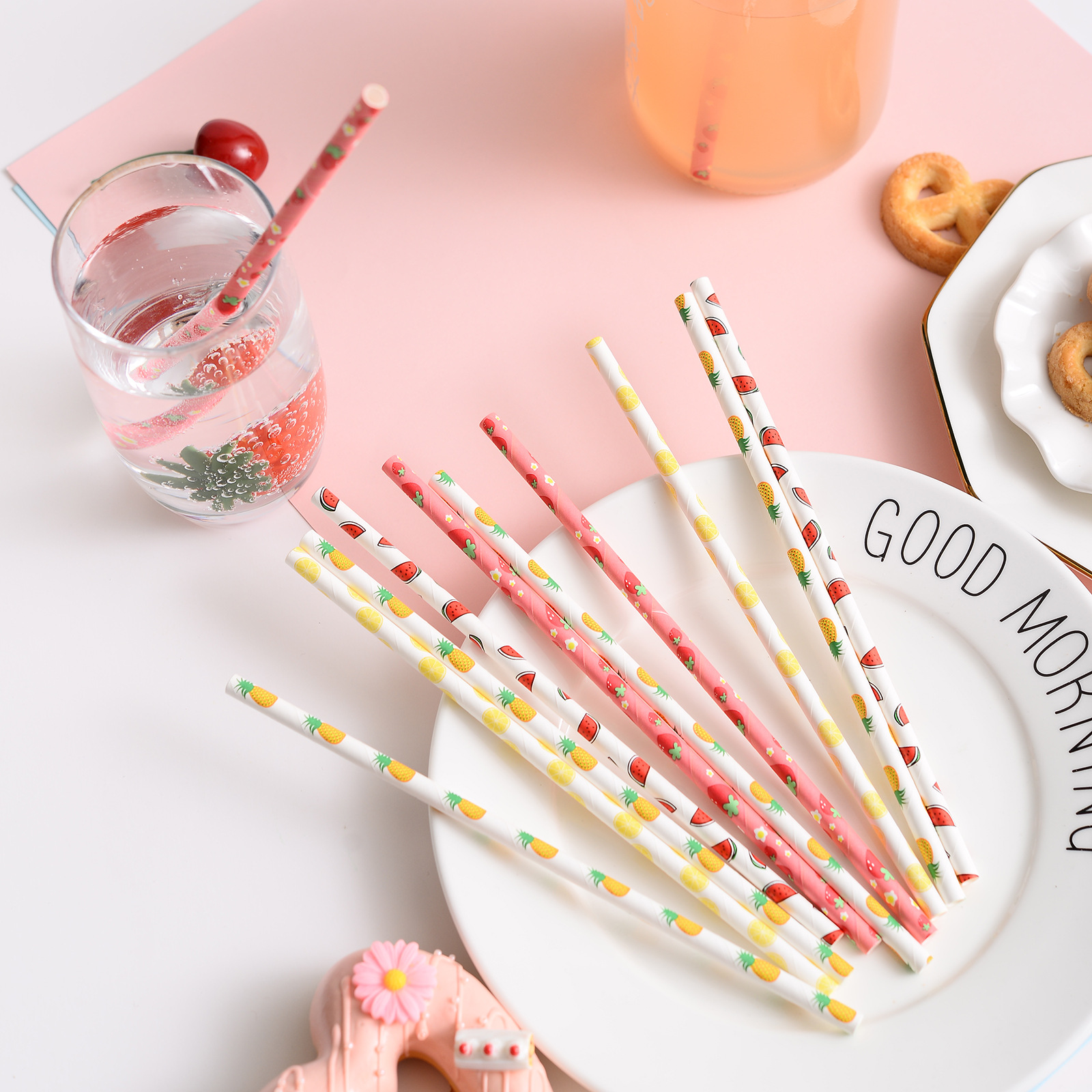 100pcs/bag Fruit Pattern Paper Straw Combination Biodegradable Disposable Paper Straw Summer Party Decoration