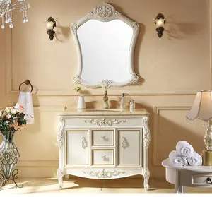 프랑스 스타일 수직 바닥 장착 욕실 캐비닛 싱크대가있는 흰색 디자인 mdf 욕실 화장대