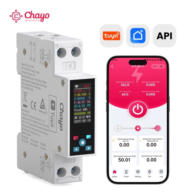 TUYA WiFi 1P Smart Meter with LCD Screen 50A Circuit Breaker for Metering Prepaid Adjustable Voltage Protector Smart Home Chayo