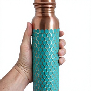 Copper <b>Water</b> <b>Bottle</b> Teal Hexagon Pattern Double Wall <b>Large</b> Capacity Travel Drinkware with Lid Stylish Design - Product Image 1
