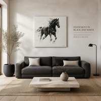 Décoration murale, peinture à l'huile de cheval au galop 100% peinte à la main, esquisse en noir et blanc sur toile, décoration intérieure pour galerie à domicile