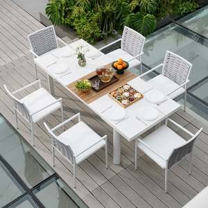 Ensemble de salle à manger extensible d'extérieur AJUNION, cadre en aluminium, plateau rectangulaire en <span class=keywords><strong>pierre</strong></span> <span class=keywords><strong>et</strong></span> bois plastique, chaises en corde tressée - Product Image 1