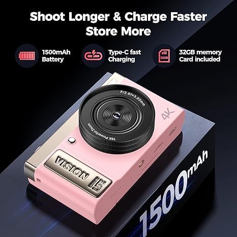 4K CMOS Digital Camera Pink Girls Teens 21MP 30FPS Vlogging Flip Screen 100 Wide Angle MicroSD Cute Compact Photography
