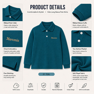 Camisa <span class=keywords><strong>Polo</strong></span> de Manga Larga para Niños, 100% Algodón Piqué, Secado Rápido, Transpirable, Uniforme Escolar, Tops Casuales, Azul Marino y Verde, 2-14 Años, Venta al Por Mayor - Product Image 3