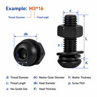 Set Baut & Mur Kepala Tombol Hex Grade 10.9 Baja Karbon Kekuatan Tinggi dengan Lapisan Oksida Hitam M2-12, Termasuk Washer Datar/Pegas