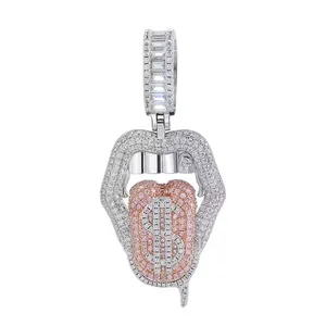 New Iced Out Bling Micro Pave 5a Cubic Zirconia Rhinestone Charms Bulk Tongue Dollar Lip Pendant Necklace
