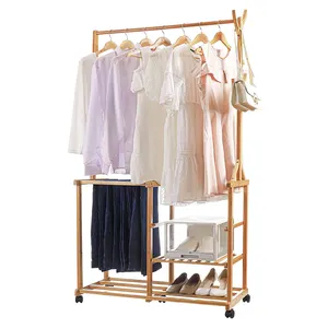 Adjustable layer hook wheel clothes rack clothes storage is suitable for bedroom bamboo clothes rack