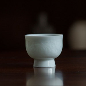 Hutian Kiln Celadon <b>Teacup</b> Embossed Hibiscus Flower High Footed Handmade Porcelain Tea Tasting Cup Small Guest Kung Fu Cup - Product Image 3