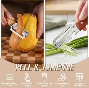 Éplucheur à légumes avec manche en bois, lame large en acier inoxydable, éplucheur à légumes avec hachoir à ciboulette et ouvre-bouteille - Product Image 4