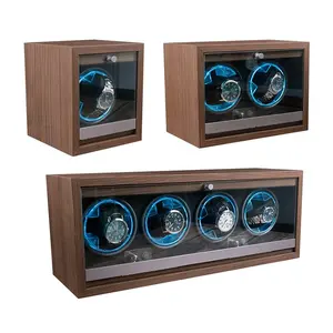 Caixa de vidro com enrolamento automático para exibição de relógio, caixa de madeira de nogueira e vidro, silenciosa e rotativa