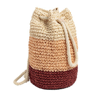Mochila de Moda Tejida a Crochet con Paja Marrón, Cuero <span class=keywords><strong>PU</strong></span>, Grande, Linda, con Cierre, Correas de Cuerda de Algodón Hechas a Mano con Rayas - Product Image 6