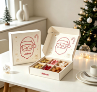 Toptan Gıda Güvenli İç Bölmeli ve Parlak Laminasyonlu Koyu Çikolata ve Fındık Paketleme İçin Beyaz Noel Posta Kutuları