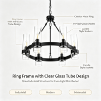 Lustre LED à 6 lumières en verre cylindrique transparent de style campagnard américain, hauteur réglable, luminaire suspendu pour salon