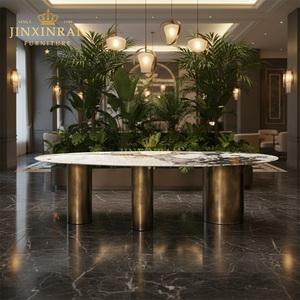Tavolo da Pranzo Ovale di Lusso con Piano in Marmo Artificiale e Base in Acciaio Inossidabile Bronzo Anticato per Arredamento Hotel e Villa - Product Image 1