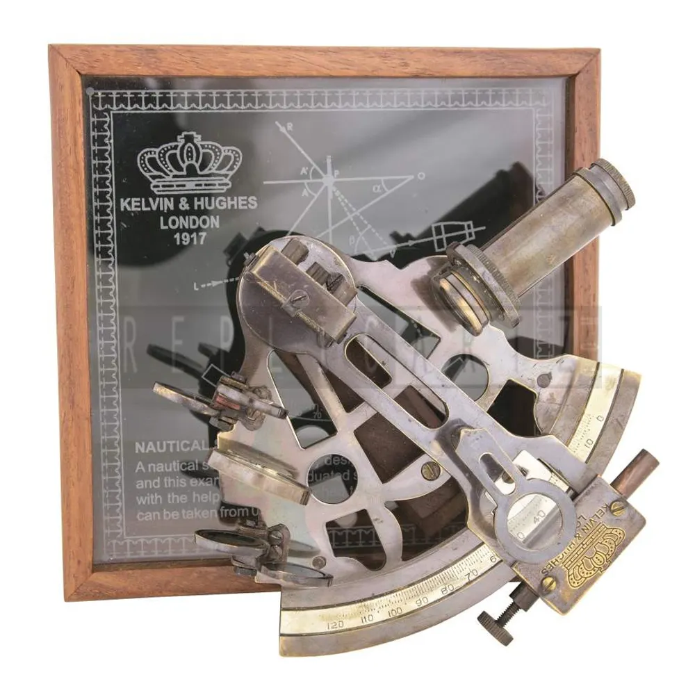 ทองเหลืองโบราณ Sextant ขี่เรือพร้อมกล่องไม้แก้วเครื่องมือนําทาง, งานแต่งงานสไตล์วินเทจและของขวัญสําเร็จการศึกษา