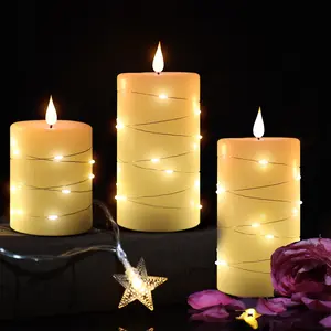 3 buah/set grosir lilin pilar LED tanpa api 8cm lilin parafin dengan tali dekorasi cahaya realistis untuk makan malam lilin