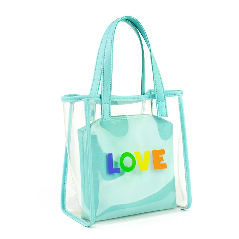 Custom Logo Bolsa De Compras Clear Pvc Zwemstrandtassen Grote Travel Shopping Tote Zacht Canvas Handvat Vrouwen Transparante Tas