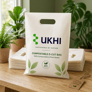 UKHI Bio <b>Compostable</b> PBAT PLA Cornstarch Die-Cut Three-Side Seal Carry <b>Bag</b> 75 Microns Supermarket Shopping Packaging - Product Image 6