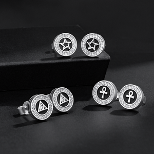 Boucles d'oreilles clous pour hommes, motif Œil tout-voyant et Croix Ankh, en argent 925, émail noir avec bordure pavée de zircone cubique transparente, plaqué or 14 carats, bijoux Hip Hop - Product Image 1