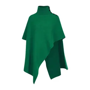 Produttore di maglieria personalizzato verde scuro collo alto bottone mantello maglioni di cashmere maglioni lavorati a maglia da donna