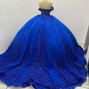 Vestido de Noche <span class=keywords><strong>Soprano</strong></span> Solo Azul con Flores Tridimensionales, Hombros Descubiertos, Falda Amplia de Alta Costura con Cola, Trabajo Elaborado, Estilo Europeo - Product Image 2