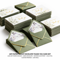 Enveloppe portefeuille en papier d'art personnalisée avec doublure, ensemble de remerciement professionnel, faible MOQ, logo en feuille, impression numérique, usage domestique