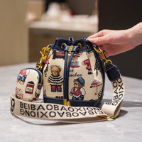 Nouveau sac seau en toile simple et urbain, motif ours de dessin animé, petite taille pour femme, bandoulière unique, sac à bandoulière en polyester