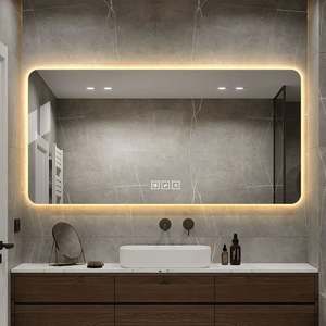 Espejo de pared decorativo moderno de vidrio de 48x24 pulgadas con retroiluminación LED regulable y función antivaho para baño - Product Image 3