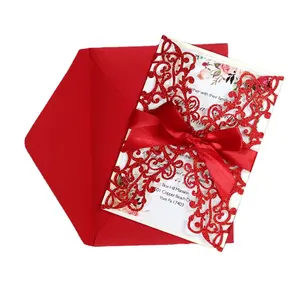 高品質の赤い紙の彫刻レーザーカット紙結婚式の装飾ギフトデザイン招待状封筒ありがとうカードリサイクル可能