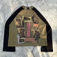 T-shirt personnalisé pour homme à manches raglan longues, imprimé graphique DTG vintage, ourlet brut, style streetwear Y2K, fournisseur de vêtements