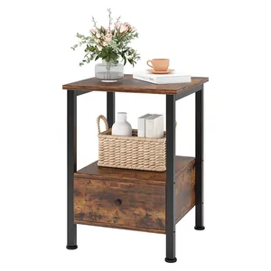 Quality Rustic Brown MDF Board Side Table With Storage Drawer For Bedroom Living Room Entrance