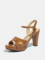 Chaussures de mariage tendance à plateforme et talon carré en PU marron effet croco verni, avec bride de cheville, disponibles en grandes tailles, commande personnalisée prise en charge