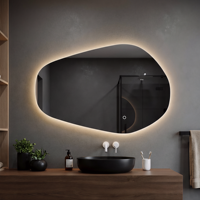Vente de stock : Miroir de salle de bain LED sans cadre, forme irrégulière, rétroéclairé, asymétrique, 3 couleurs, interrupteur tactile, avec prise, boîte de vente au détail, 70x100cm