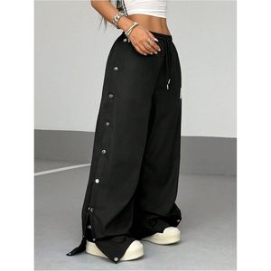 Pantalon de survêtement ample pour femme, jambe large, taille haute, cordon de serrage, style Y2K, streetwear, avec fente et boutons - Product Image 4