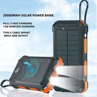 Produits à la mode 2024 20000mAh Banque d'alimentation solaire sans fil étanche PD22.5 Charge rapide avec câbles intégrés et lampe de poche à led
