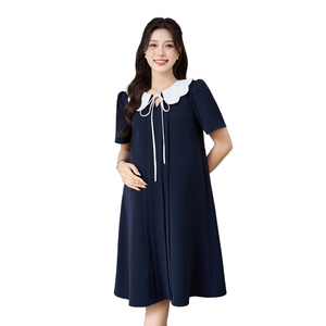 Vestido de oficina azul V1458 con cuello blanco, tela italiana fresca, suave y absorbente del sudor para mujeres embarazadas - Product Image 1