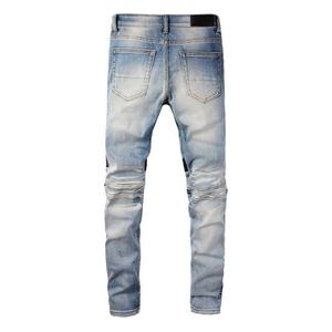 Slim Fit <b>Jeans</b> Blue Tears Denim Pants <b>for</b> <b>Men</b> Patchwork <b>Leather</b> Side Zipper Ripped Streetwear Pencil Pants <b>Men's</b> Pants Trousers - Product Image 5