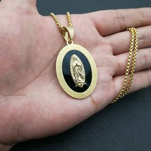 Collier pendentif ovale en acier inoxydable Yunnique, chaîne dorée 3 mm 60 cm, serti clos, icône religieuse, bijoux de mode - Product Image 5