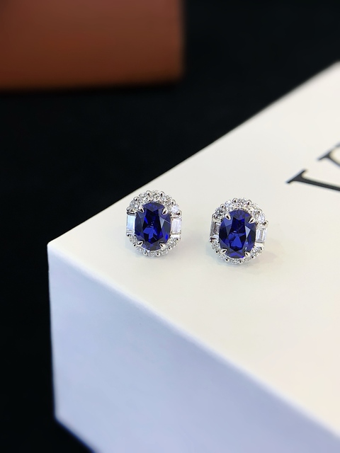 Lab Grown Sapphire Earrings 18K White Gold Blue Oval Cut 1CT Lab Grown Sapphire Trendy Stud Earrings for Women Wedding Jewelry