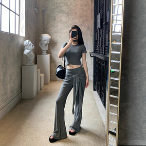 Women's Casual Set Black Solid Color Short Sleeve Crop Top With Flare Pants Knitted Polyester YX-2101 - Product Image 2