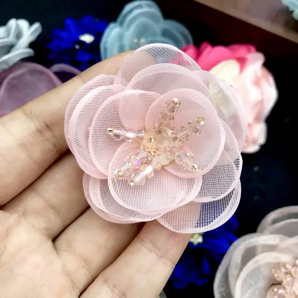 Mini Pink Chiffon Fabric Flowers With Pearl Rhinestone DIY Bow Making Supplies
