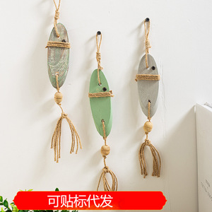 Mediterranean Style Oval Wood <b>Wall</b> Hanging <b>Decor</b> Green And Gray With Rope Tassel Home <b>Decor</b> - Product Image 5