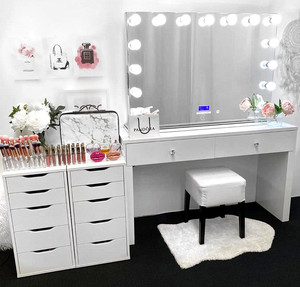 Coiffeuse moderne blanche avec éclairage LED, style bureau, miroir intégré, en bois, pour <span class=keywords><strong>chambre</strong></span> à coucher et salon, avec rangement - Product Image 6