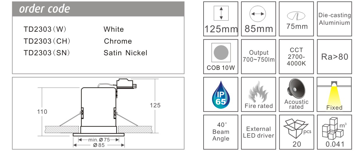 240V Recessed Fire Rated Downlights Cylinder 95mm Gu10 35 Watt