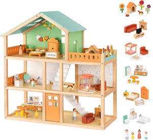 Grande Casa delle Bambole in Legno con 42 Pezzi di Mobili e Accessori di Lusso, Casa delle Bambole a 3 Piani con 6 Stanze, Balcone e Scale in Legno - Product Image 1