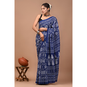 Sari de Algodón Mulmul Estampado con Blusa a Juego, Sari de Algodón Mulmul Ligero y Elegante - Cómodo para Uso Diario - Product Image 3